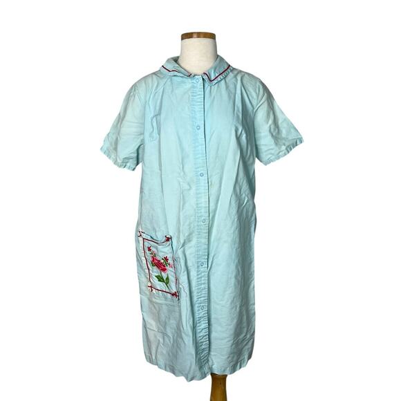 Vintage 60s Snap Front House Dress Mumu Embroidered FLAW Light Blue L Large - Picture 1 of 9